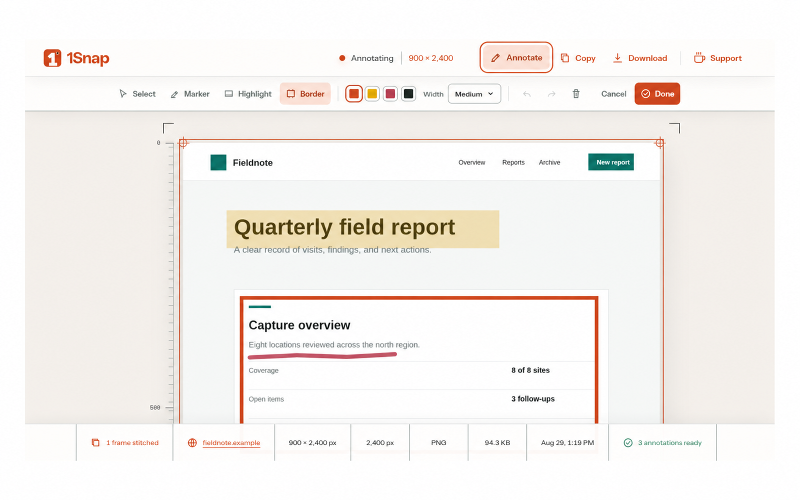 1Snap result page with Marker, Highlight, and Border annotation controls over a captured report