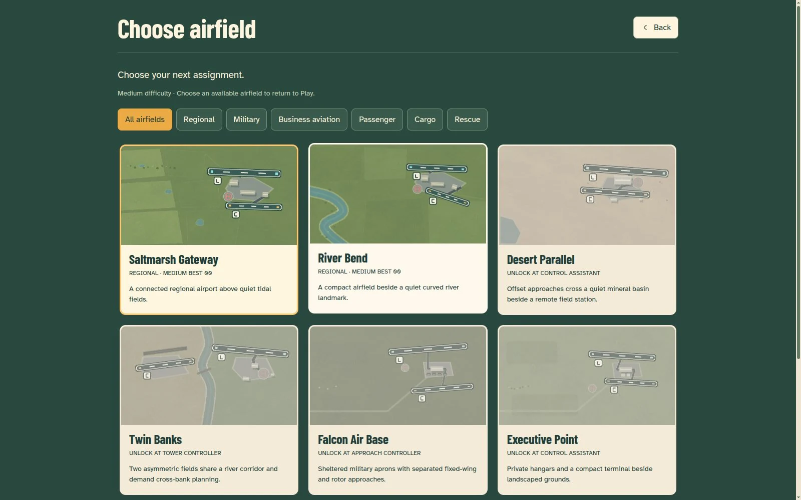 Air Traffic Control airfield selection showing unlocked locations and career progress