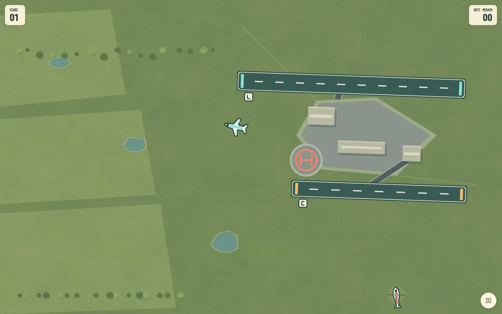 Air Traffic Control gameplay at Saltmarsh Gateway with aircraft routes and landing zones