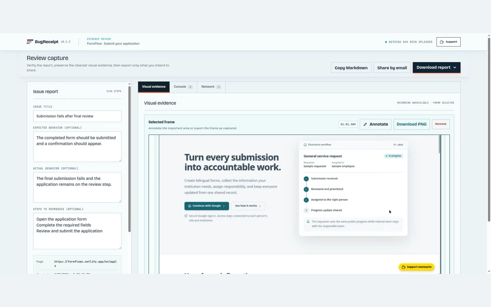 BugReceipt interface preview