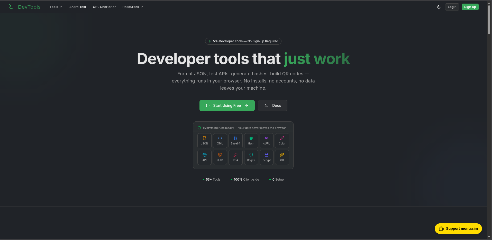 DevTools home page showing the searchable developer toolbox