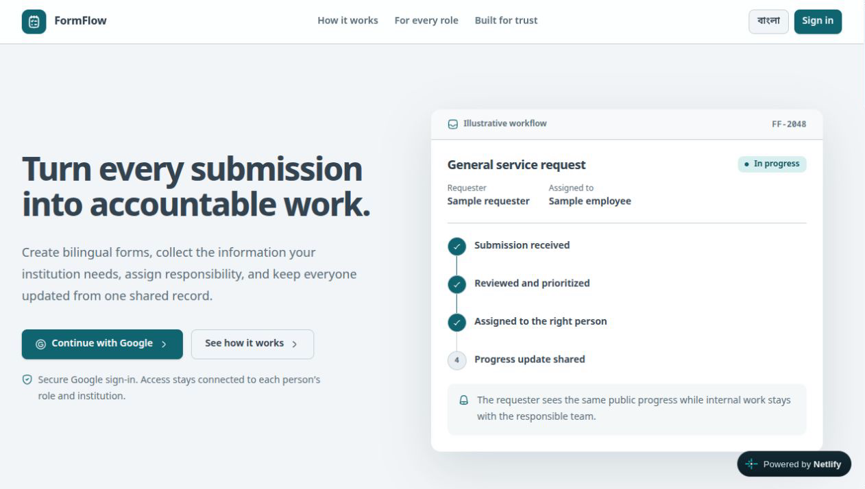 FormFlow preview showing a bilingual forms platform and a traceable service-request workflow