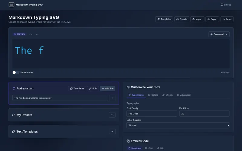Markdown Typing SVG interface preview